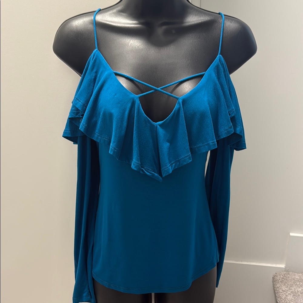 Blue Long Sleeve Ruffled Blouse with Cut Out Detail